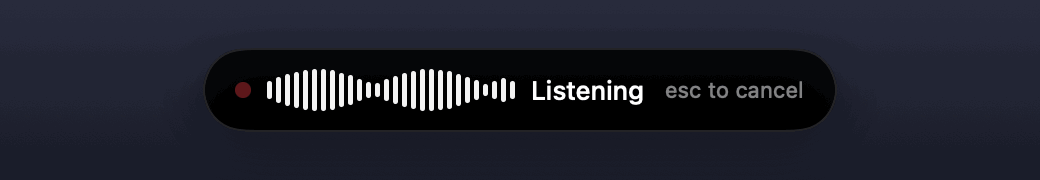 Speakhold pill: live waveform while listening, then the transcribed sentence pasted